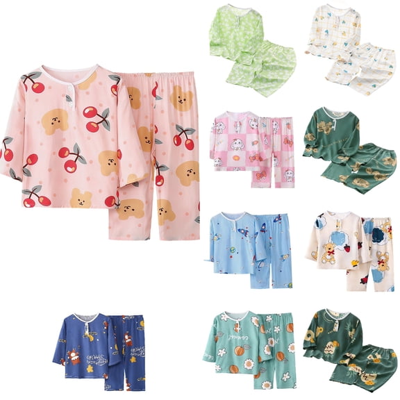 Loopsun Boys Girls Short Sleeve Round Neck Shirts Print Top and Pants Soft Loungewear Summer Daily Wear Outfit Green, 3-4 Years