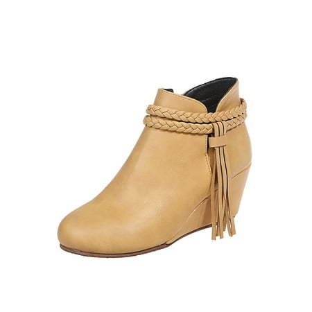 

Ferndule Womne s Winter Warm Wedge Booties Work Comfort Ankle Boots Non-slip Braided Fringe Khaki 8