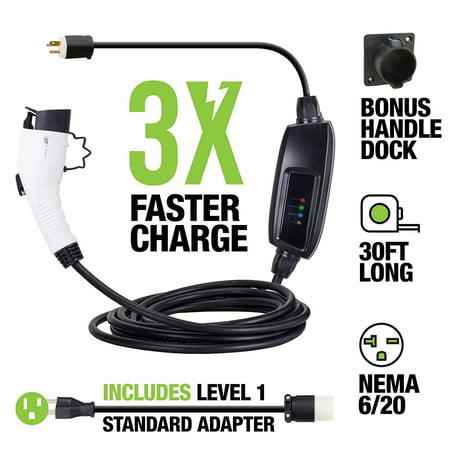 Level 2 EV Charger by EV Gear | 30 ft Portable Plug-In Charger, 110v - 240v | Includes Level 1 Adapter | Works with all Electric & Hybrid Cars such as Chevy Volt/Bolt, Nissan Leaf, Prius Prime, (Best Level 2 Charger For Bmw I3)