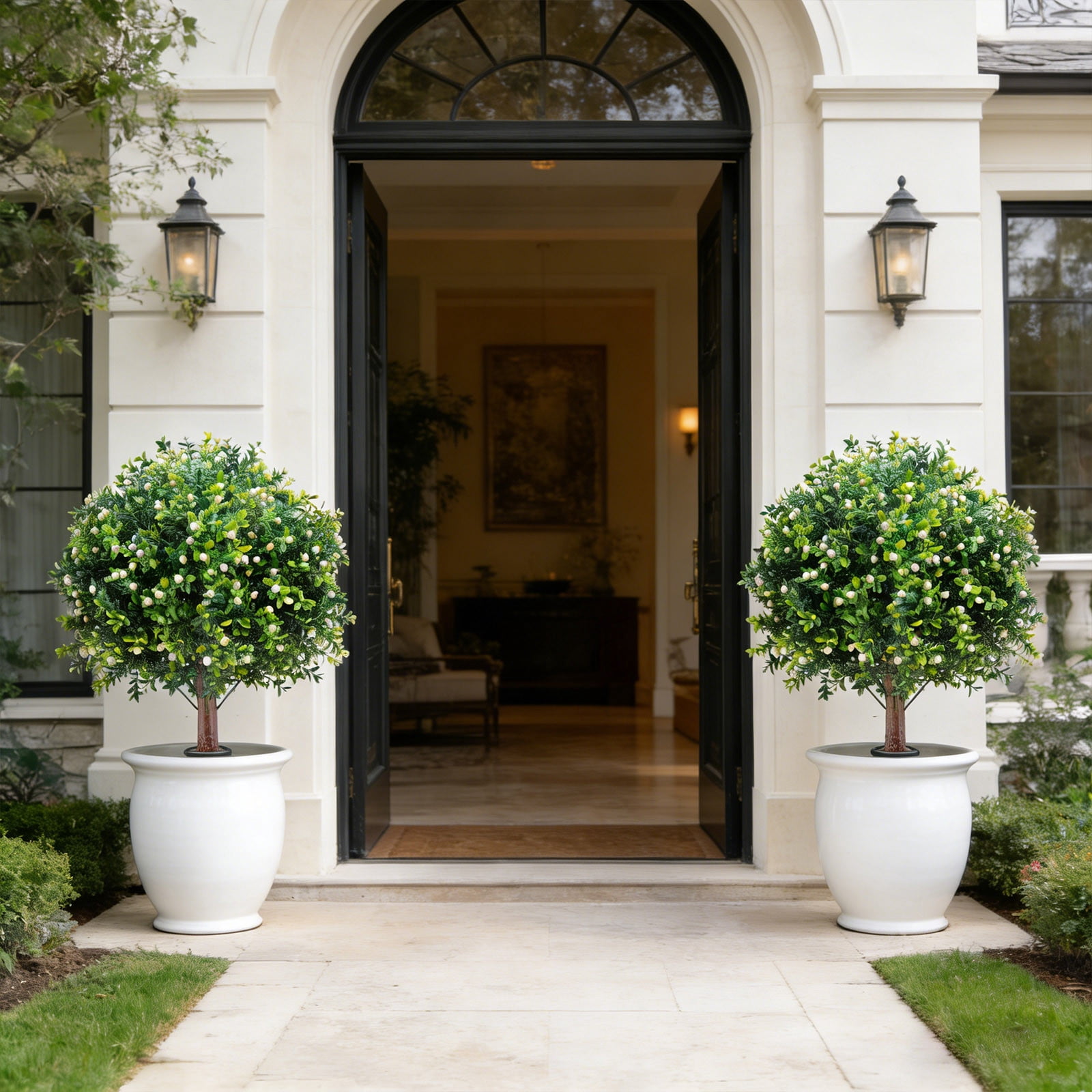 Artificial Boxwood Tree Outdoor Plant Fake Shrub Easy Install No Maintenance Realistic Design, Decorative Faux Plant for Garden Porch Patio Yard Landscaping Home Decor Outdoor Use