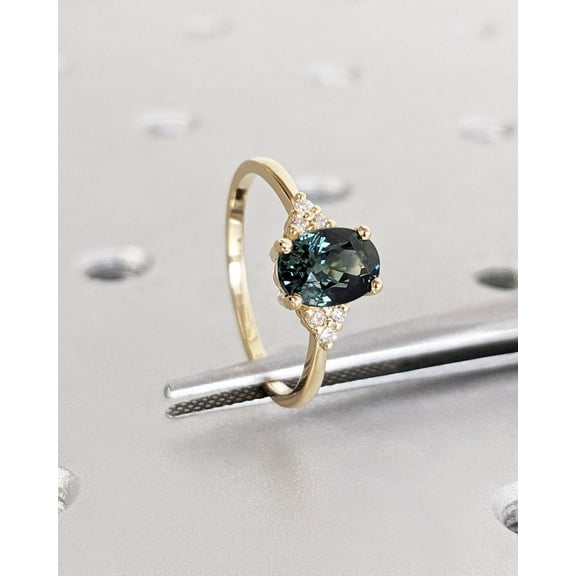 Vintage Teal Sapphire Engagement Ring Oval Cut | Antique Yellow Gold Peacock Sapphire Wedding Ring | Round Diamond Cluster Anniversary Ring