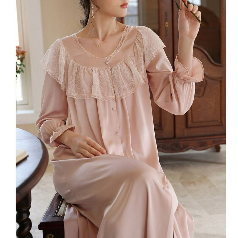 PIKADINGNIS Young Girl Satin Silk Nightdress Spring Autumn Pink Princess Lace Long Sleeve Nightgowns Sleepshirts Women Sleepwear Shirt Walmart