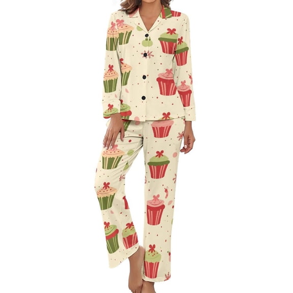 PoBuds Women's Long Sleeve Flannel Pajama Set Sleepwear Snow Cake Gift Christmas S