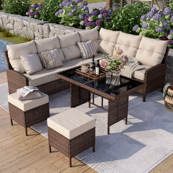 POTEBAN Outdoor Rattan 7-Piece Dining Set, Sectional Sofa Couch with Table & Chairs, All-Weather Conversation Set for Deck, Backyard, Khaki