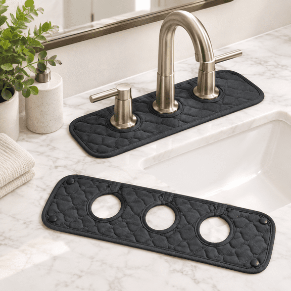 Black & Black 3-Round-Hole Bathroom Sink Splash Guard Faucet Mat