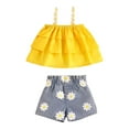 thumbnail image 2 of Wuxian Toddler Girls Summer Tank Top Outfits Spaghetti Strap Floral Pattern Sleeveless Ruffles Tiered T Shirt Vest With Elastic Denim Floral Shorts Stylish 2 Piece Sets,Yellow,2-3 Years, 2 of 6