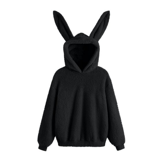 Women Cute Bunny Ear Hoodie Fluffy Sweatshirt Thermal Pullover Hoodie Long Sleeve Cotton Top Soft Sweater Solid Color Casual Sweatshirt Stylish Clothes Teen Girl Going Out Tops 01-Black XXL