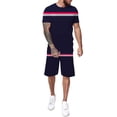 thumbnail image 3 of PEASKJP Mens 2 Piece Short Set Short Sleeve Drop Shoulder Tee Top Elastic Waist Shorts Set,Navy L, 3 of 5