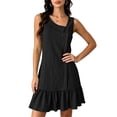 thumbnail image 4 of Women's Sleeveless Ruffle Hem Mini Dress Ribbed Textured Shift Dress Asymmetrical Neck Summer Beach Sundress Street Casual Outfit Black, 4 of 6