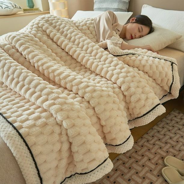 Manta de franela de doble capa extra gruesa, ideal para cubrir la oficina para una siesta, manta cálida y acogedora para la cama o el sofá, beige