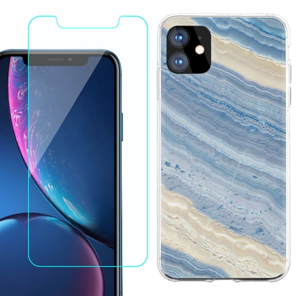 For Apple iPhone 11 Case , Slim-Fit TPU Protective Phone Case with Tempered Glass Screen Protector, by OneToughShield ® - Marble/ Marina Blue
