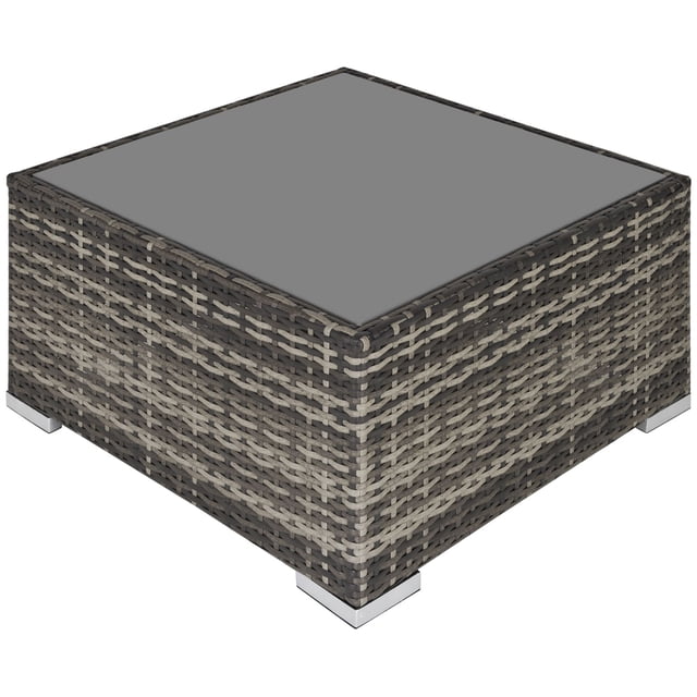 Rattan Garden Coffee Table, 25.6" Square Garden Rattan Table with Tempered Glass Top, Deep Grey