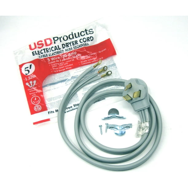 Clothes Dryer Power Cord 3 Prong Wire 30 Amp 5' Foot 10/3 Gauge Wire