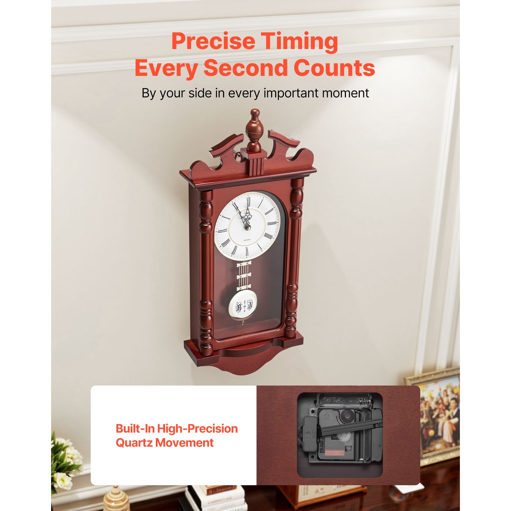 KFFKFF Classic Grandfather Clock, 23.2 in Vintage Pendulum Wall Clock, Pine Wood & MDF Construction with Quartz Mechanism and Silent Operation, Ideal for Living Room, Bedroom, Home Decoration & Gift