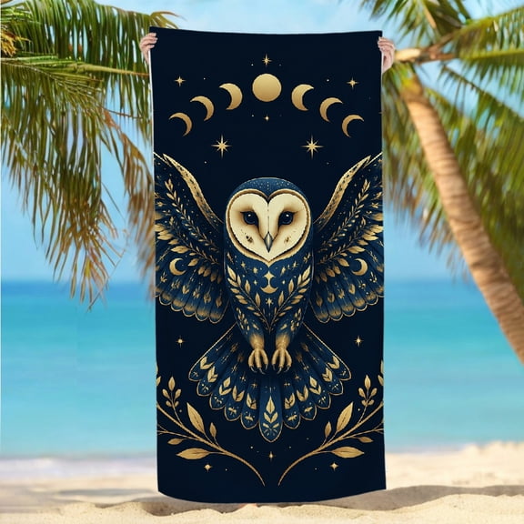 RKSupls 30x60inch Beach Towel Owl Celestial Gold Foil Mystical Moon Phases Oversized Microfiber Beach Towel, Ultra-Soft Microfiber Machine Washable Ideal for Bathroom beach yoga