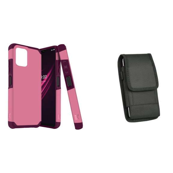 Case and Pouch Bundle for REVVL 6 5G: Dual Layer Slim Case (Pink Wine) and Vertical Nylon Belt Holster
