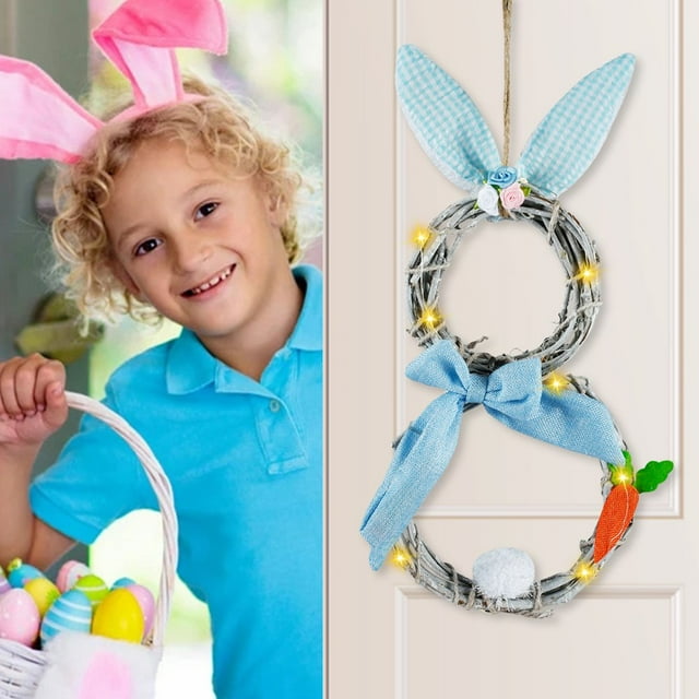 Artificial Rattan Circle Wreath with LED Light String 18.9*9.8inch Cute Bunny Shape Flower Wreath DIY Handmade Simulation Wreath Window Ornaments for Easter Home Decoration