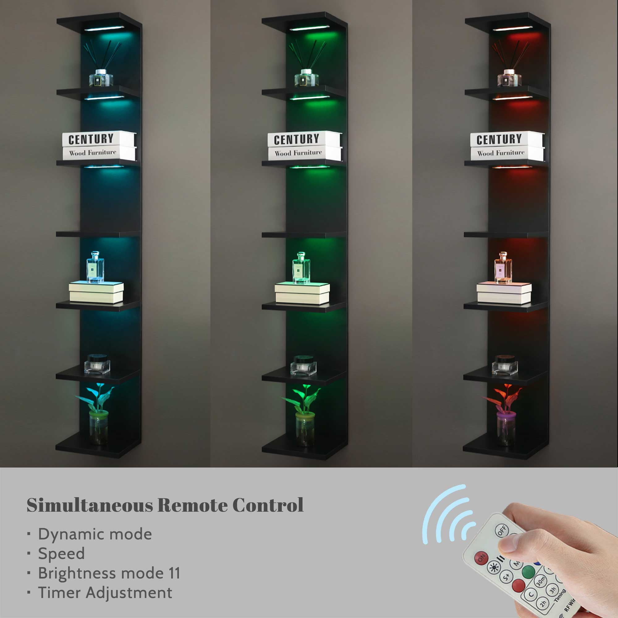 7-Tier Wall Shelf with 10 RGB Lighting Modes, Multifunctional Wall Mounted Vertical Display Floating Shelf for Bedroom Living Room Vanity, Black
