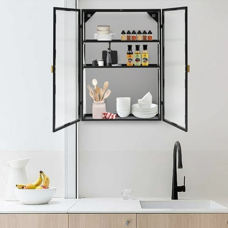 Retro Cabinet Black Wall-Mounted Metal Storage Cabinet with Detachable Shelves
