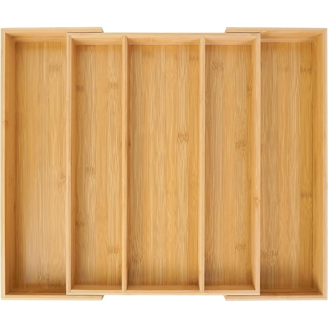 Organizador Expandible de Bambú para Cajones con 5 Compartimentos Ajustables para Cubiertos Cuchillos y Utensilios de Cocina o Dormitorio