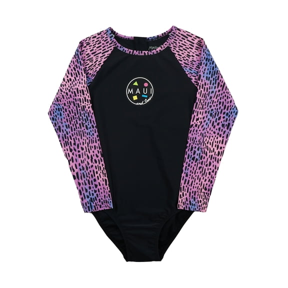 Maui and Sons Girls Swimsuit, Organica 1Pc Long Sleeve Swimsuit, Black, Full-Coverage Swimwear