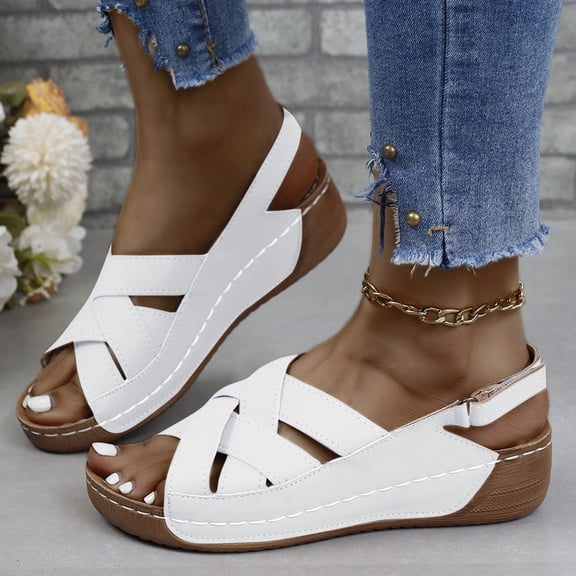 Plus Size Wedge Sandals for Womens Summer Casual Solid Color Wedge Heel Fish Mouth Strap Sandals