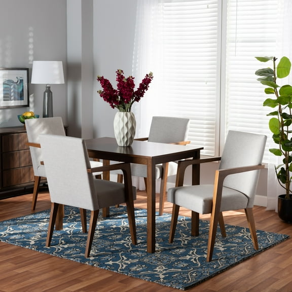 Baxton Studio Glenda Mid-Century Modern Greyish Beige Fabric Upholstered and Walnut Brown Finished Wood 5-Piece Dining Set