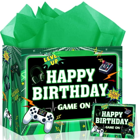Woosytoo Game Theme PriNst Gift Bags Video Game Favor Bag with Card and Tissue Paper Green Video Game Gift Wrapping Paper Bag for Boys Girls Kids Game Theme Bday Party Decoration Supplies