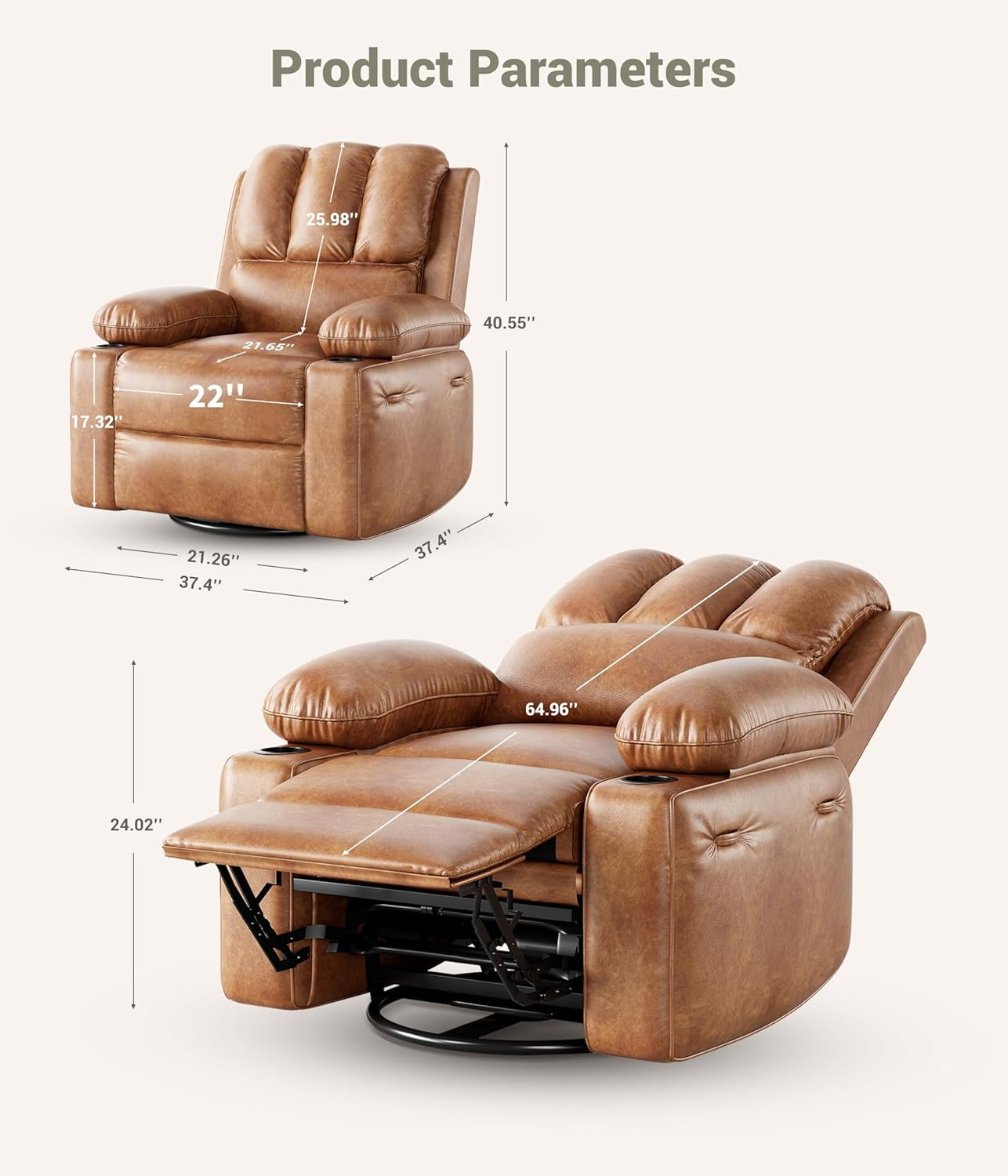22’’ Rocker Recliner Chair, Lazy Boy Recliner Chair with 1.5X Sponge Filling, PU Leather Swivel Recliner with Side Pockets and Cup Holders, for Living Room, Bedroom, Nursery, Vintage Leather