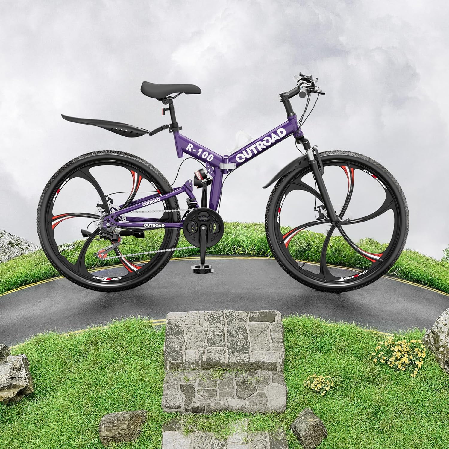 Marknig 26 inch Folding Mountain Bike for Adults, 21 Speed Full Suspension High-Carbon Steel MTB Foldable Bicycle, Dual Disc Brake Non-Slip Folding Bikes for Men or Women, Purple