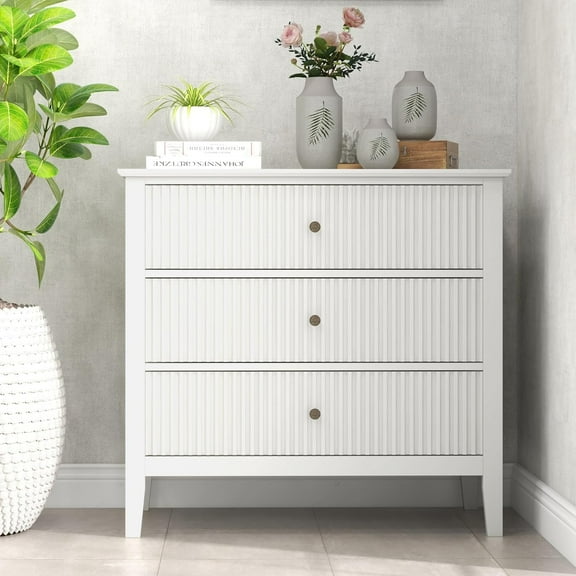 RoyalCraft Large White Fluted 3 Drawer Dresser for Bedroom, Wide Chest of Drawers for Closet, Modern Wood Dresser Wide Nightstand Cabinet for Living Room