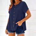 thumbnail image 4 of Linen Short Sleeve Tops for Women Casual Decorative Button Loose Fits Blouse Summer Round Neck Comfy Tops ,Navy,L, 4 of 9