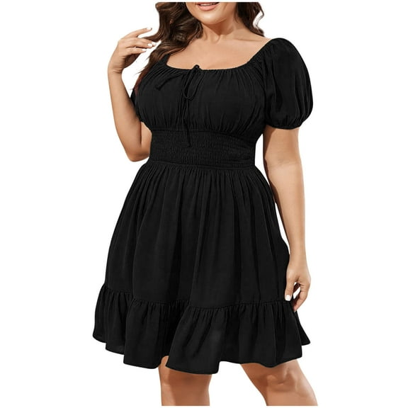 Hvot&aat Womens Plus Size Summer Dresses Square Neck Puff Sleeve Ruffle Elastic High Waist Dress Solid Color Ruffle A Line Dress
