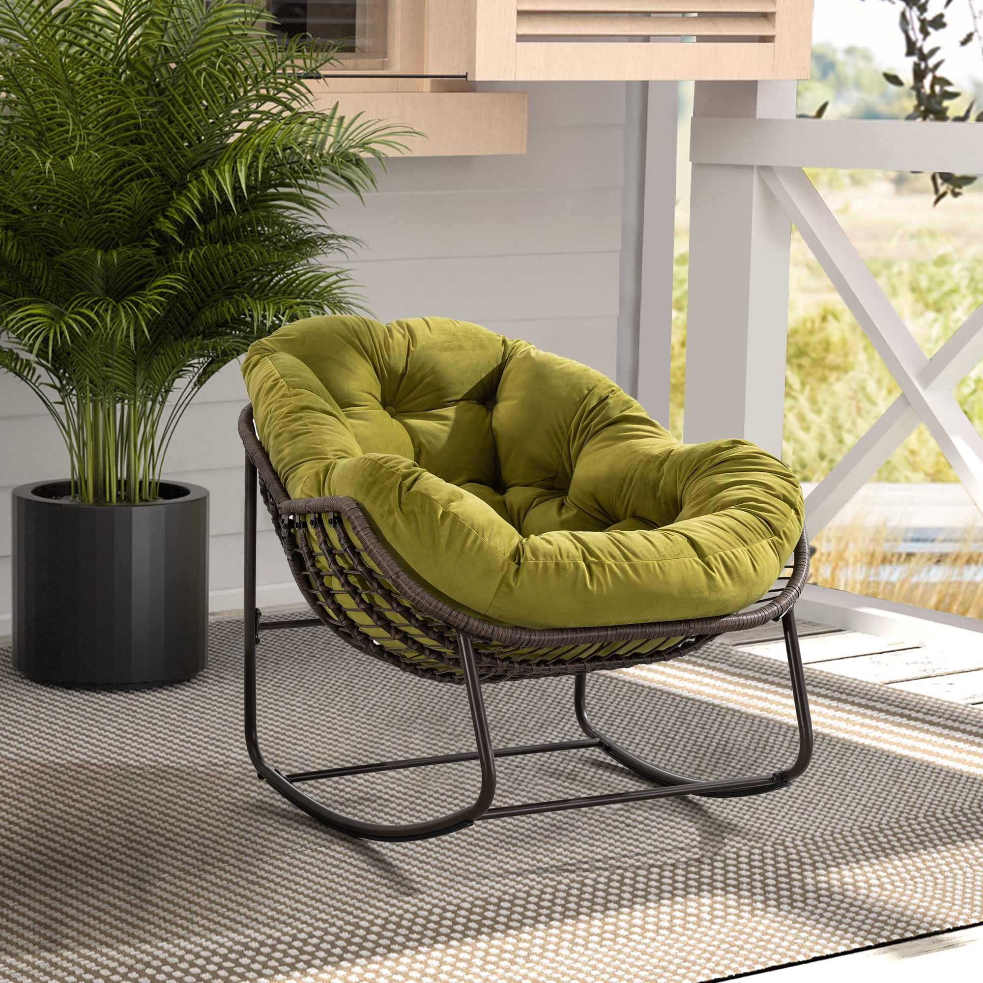 Outdoor Rattan Rocking Chair Oversized with Padded Cushion, Hand-Woven Egg Rocker Chair for Patio and Front Porch, Olive Green