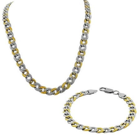 Stainless Steel Two-Tone Mens Classic Cuban Link Chain Necklace Bracelet