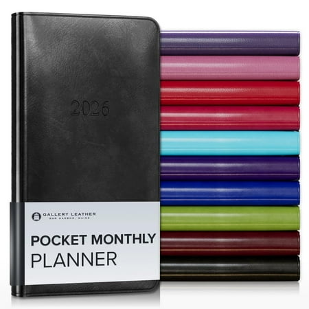 Gallery Leather Pocket Monthly Planner 2026, Elegantly Bound Calendar Planner and Notebook with Stylish Gold-Gilded Page Edges, 18 Months - Acadia Black - 6 x 3.25 "