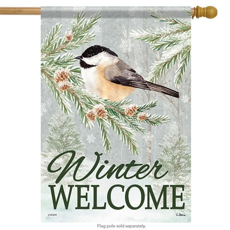 Chickadee Pinecone - Snowfall Chickadee Winter Welcome House Flag Double Sided Pinecone 28