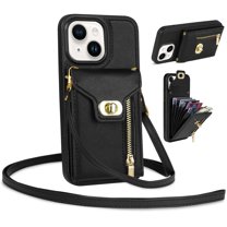 Mantto for iPhone 14 Back Zipper Wallet Case with Detachable Shoulder Strap,Luxury Metal Buckle Card Slots Shockproof Premium PU Leather Stand Crossbody Phone Case for Women Men,Black