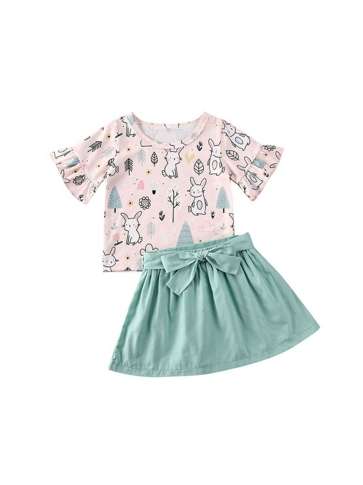 Toddler Kids Baby Girl Easter Bunny Rabbit Tops Bow Suspender Skirt Outfits Set 