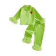 thumbnail image 1 of Conjunto de pijama navideño infantil de satén con estampado de corazones, blusa de manga larga con solapa y botones, pantalón con puños de plumas., 1 of 8