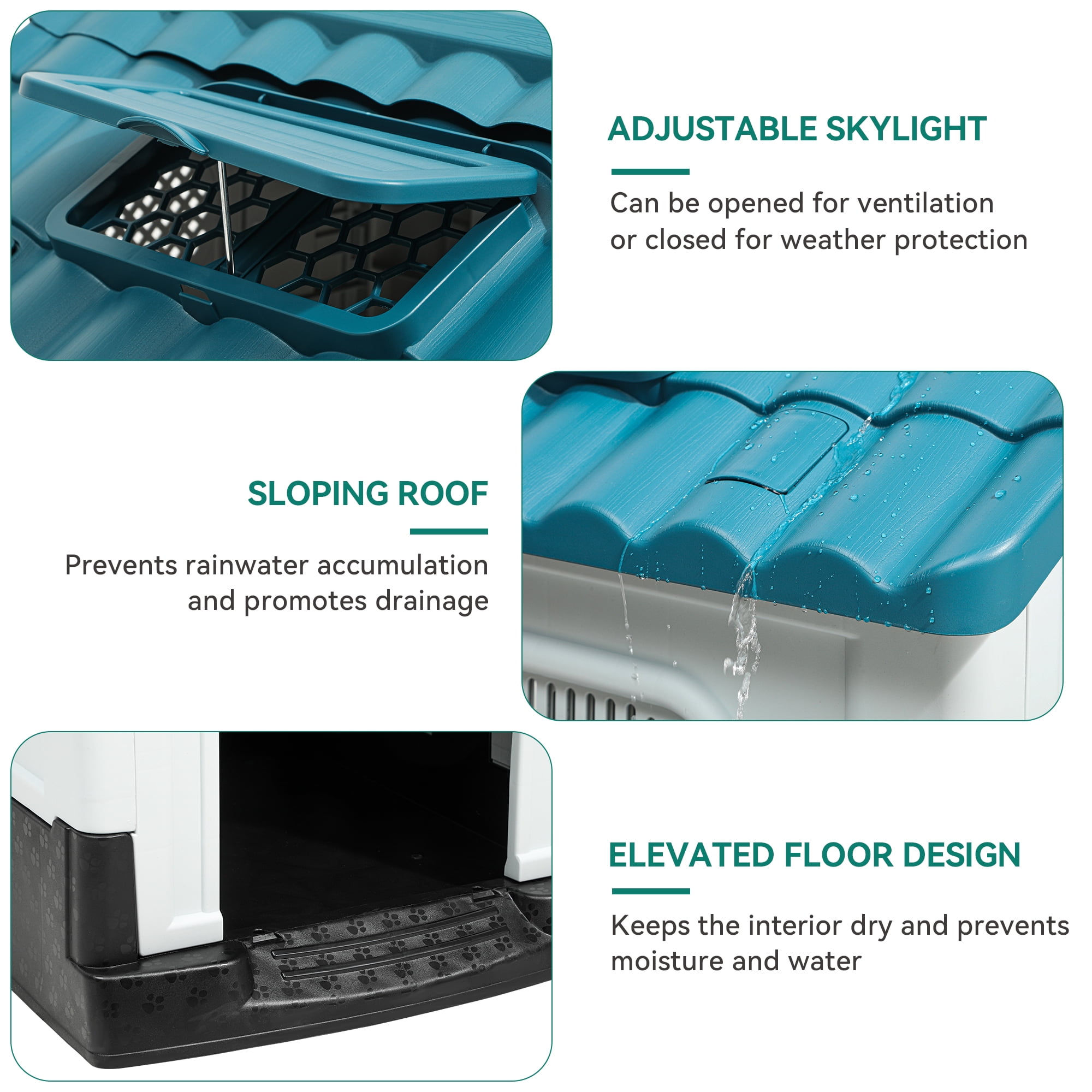 Dextrus Folding Large Dog House Outdoor Plastic Doghouse with Adjustable Skylight and Elevated Base Water Resistant Pet House for Small, Medium, and Large Dogs