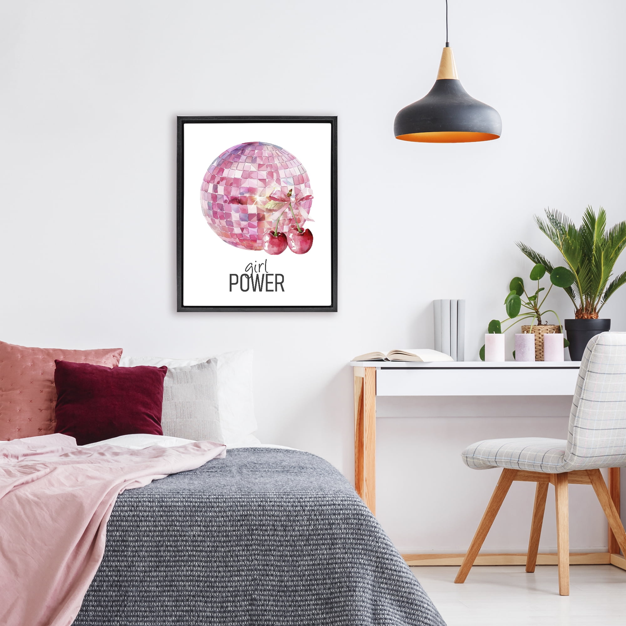 Girl Power Disco Cherries Black Framed Floater Canvas Wall Art, design by Kim Allen