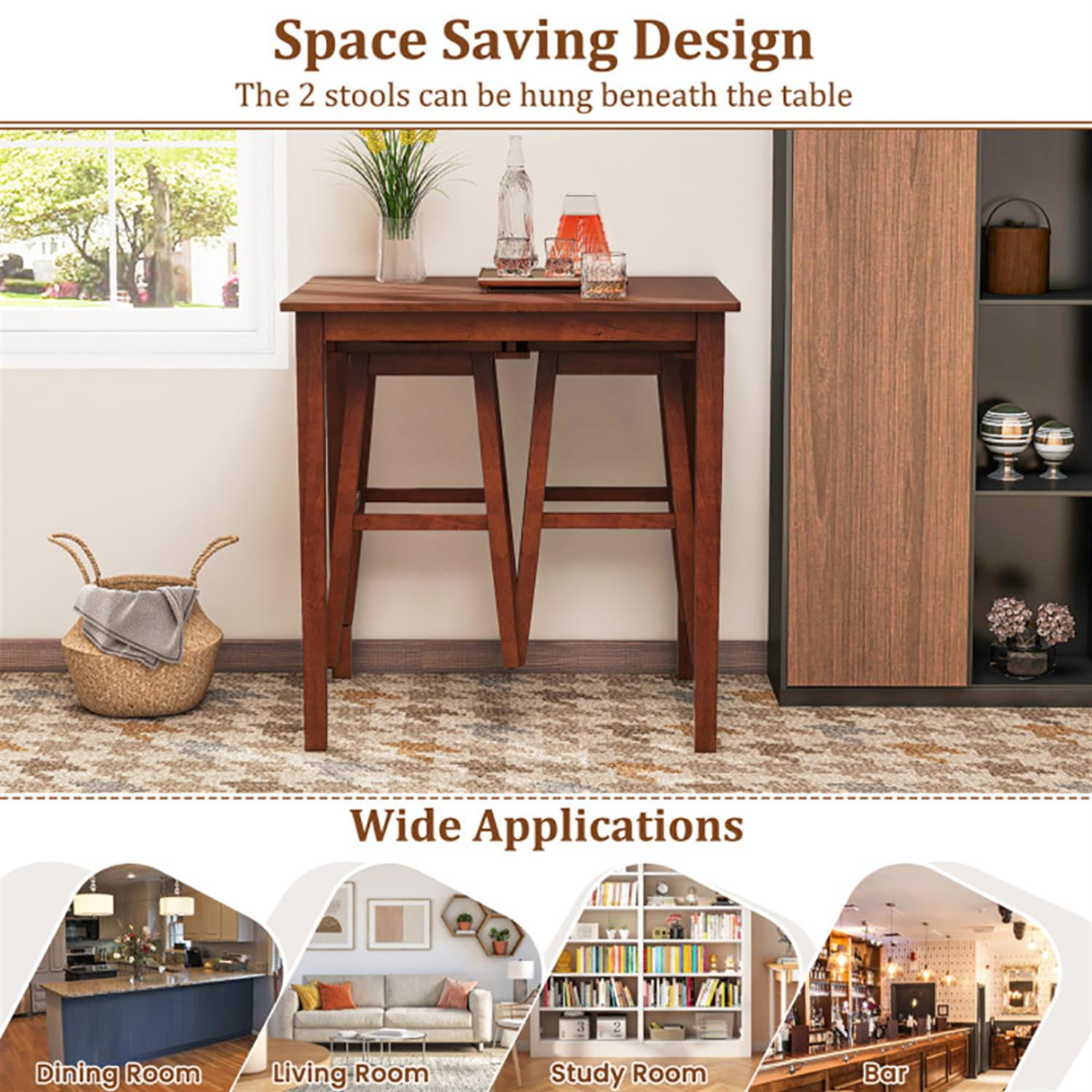 Demi Bonn 3-Piece Bar Table Set with Pub Table and 2 Saddle Stools, 35" Wooden Kitchen Dining Table Set, Perfect for Small Space, Brown