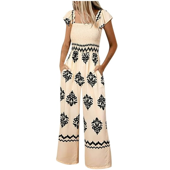 RYDCOT Womens Summer Casual Boho Jumpsuits Retro Print Cap Sleeve High Waist Wide Leg Romper with Pockets One Piece Beach Vacation Outfits Flash Beige