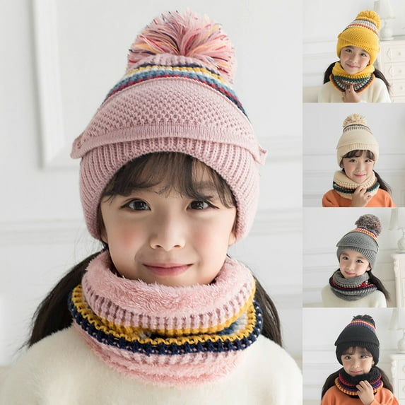 3 in 1 Winter Knitted Beanie Hat Mouth Neck Warmer Set for Girls Boys Kids, Warm Fleece Lined Ski Caps with Pompom