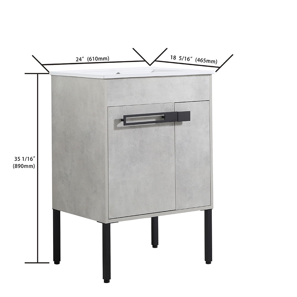 24" Bathroom Vanity with Sink Combo Bathroom Vanity Ceramic Single Basin Set with Doors Adjustable Shelves for Bathroom, Gray 24"