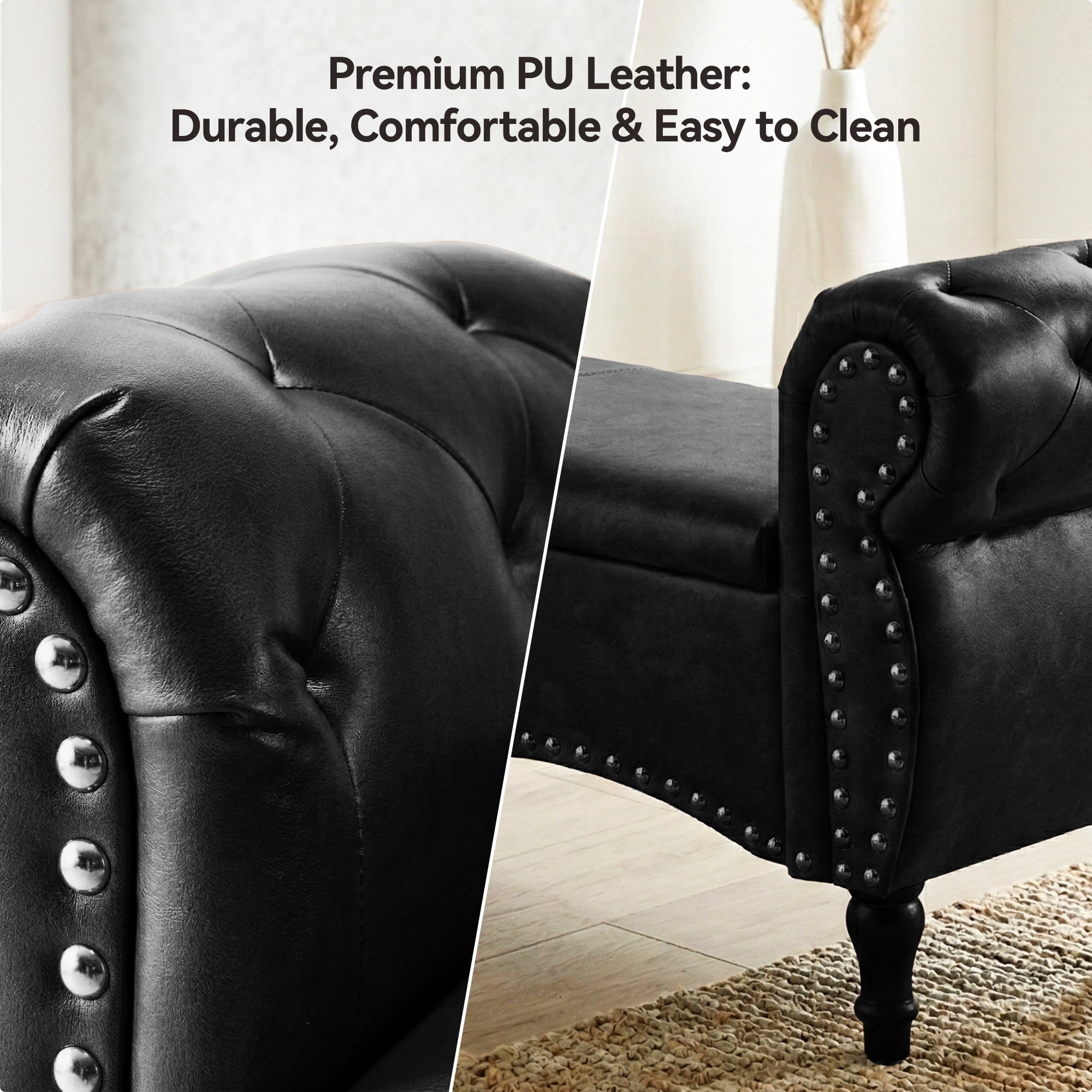 YIKEMA Upholstered PU Leather Rectangle Storage Ottoman Bench with Nailhead Trim, 51.5", Black