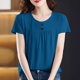 thumbnail image 4 of Tops de Manga Corta de Mujer Casual Botón de Color Sólido Plegado Cuello Redondo Suéter de Moda para el Hogar Y el Uso Diario, 4 of 7