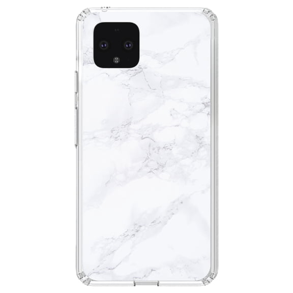 DistinctInk Clear Shockproof Hybrid Case for Google Pixel 4 XL (6.3" Screen) - TPU Bumper, Acrylic Back, Tempered Glass Screen Protector - White Grey Marble Carrara