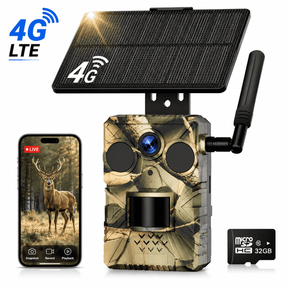 T1 4G LTE Cellular Trail Camera, 2K 3MP Solar Powered Hunting Game Camera, No WiFi Deer & Wildlife Camera with 5W Solar Panel, 9000mAh Battery, 940nm Night Vision, 32GB Card